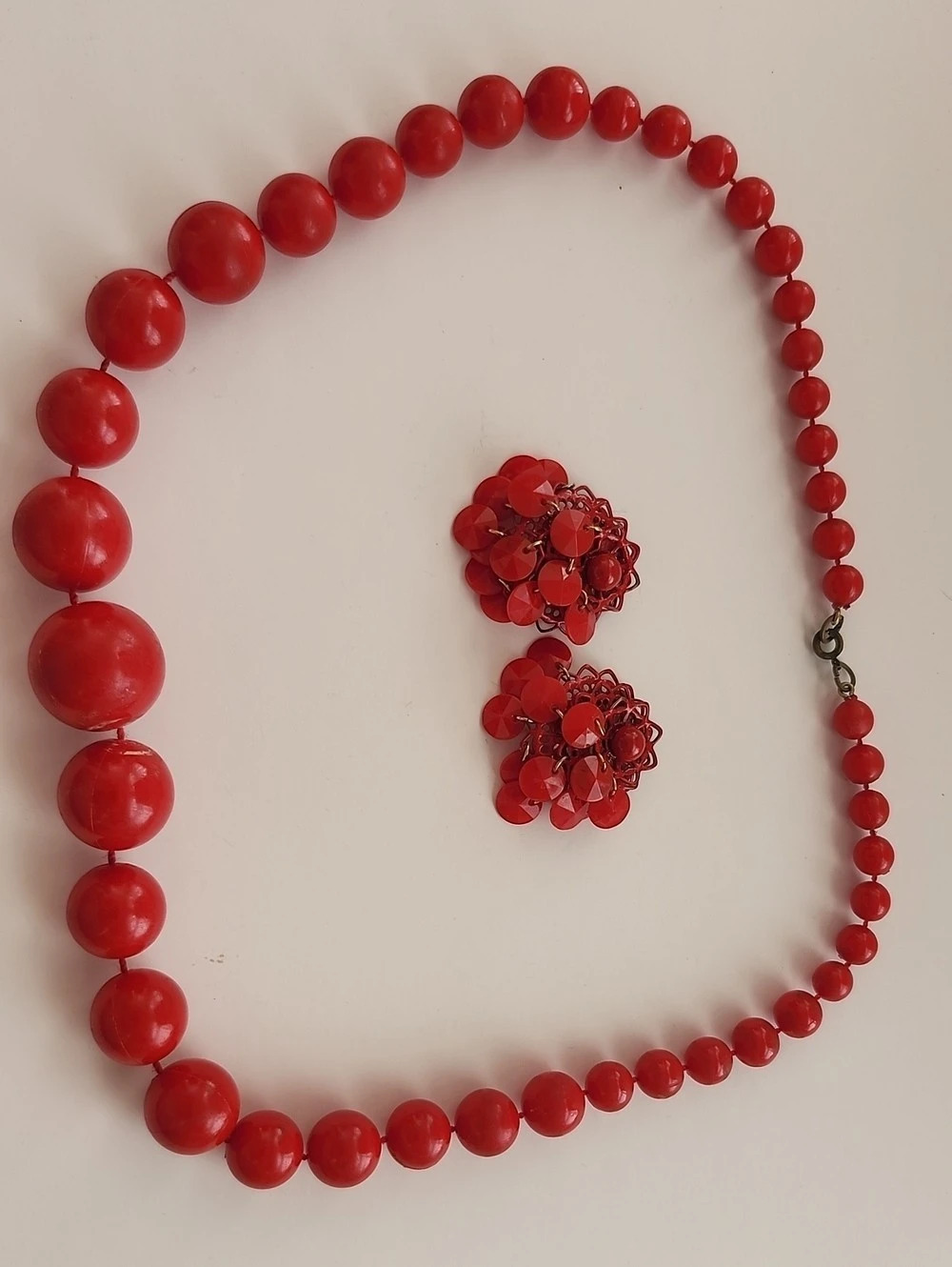 Vintage 1960s Red Beaded Necklace & Earrings